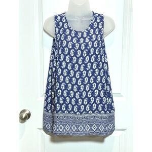 Willi Smith Womens Blue White Geometric Sleeveless Tank Top Large Shirt Career